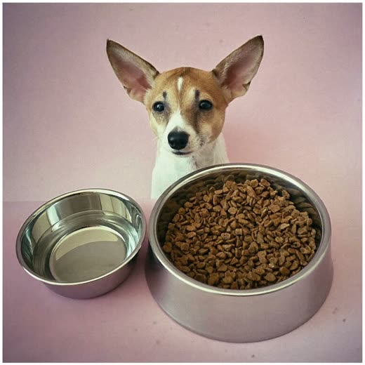 A steel feeding bowl of kibble beside a water bowl
